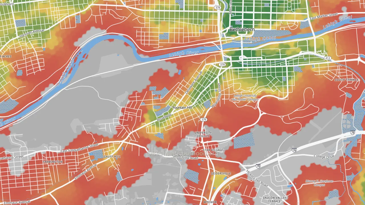 Walk Grade map of Fountain Hill, PA, walkable areas in green and car-dependent areas in red
