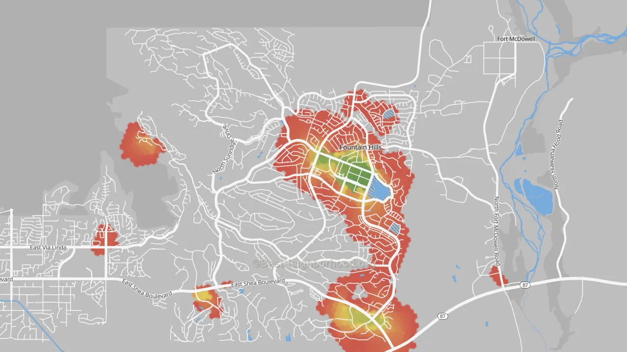 Walk Grade map of Fountain Hills, AZ, walkable areas in green and car-dependent areas in red
