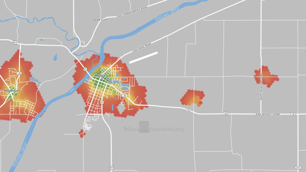 Walk Grade map of Fountain, IN, walkable areas in green and car-dependent areas in red