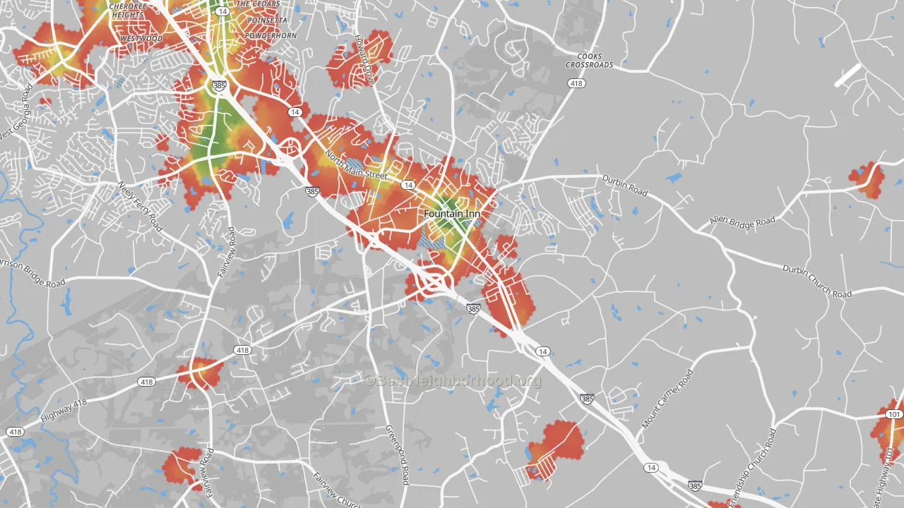 Walk Grade map of Fountain Inn, SC, walkable areas in green and car-dependent areas in red