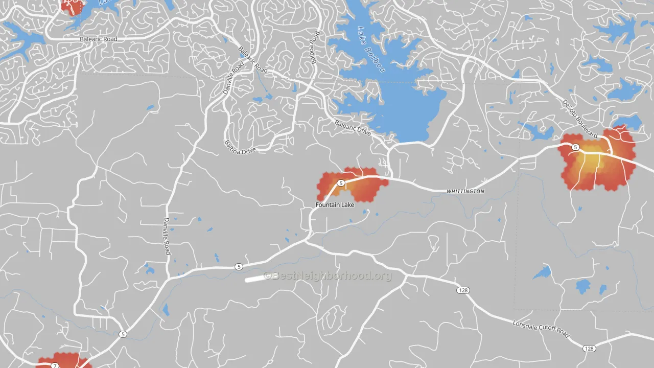 Walk Grade map of Fountain Lake, AR, walkable areas in green and car-dependent areas in red