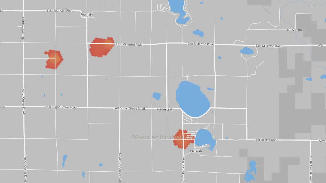 Walk Grade map of Fountain, MI, walkable areas in green and car-dependent areas in red