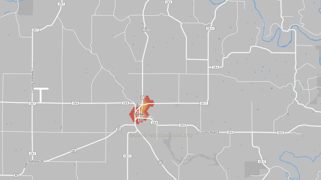 Walk Grade map of Fountain, MN, walkable areas in green and car-dependent areas in red