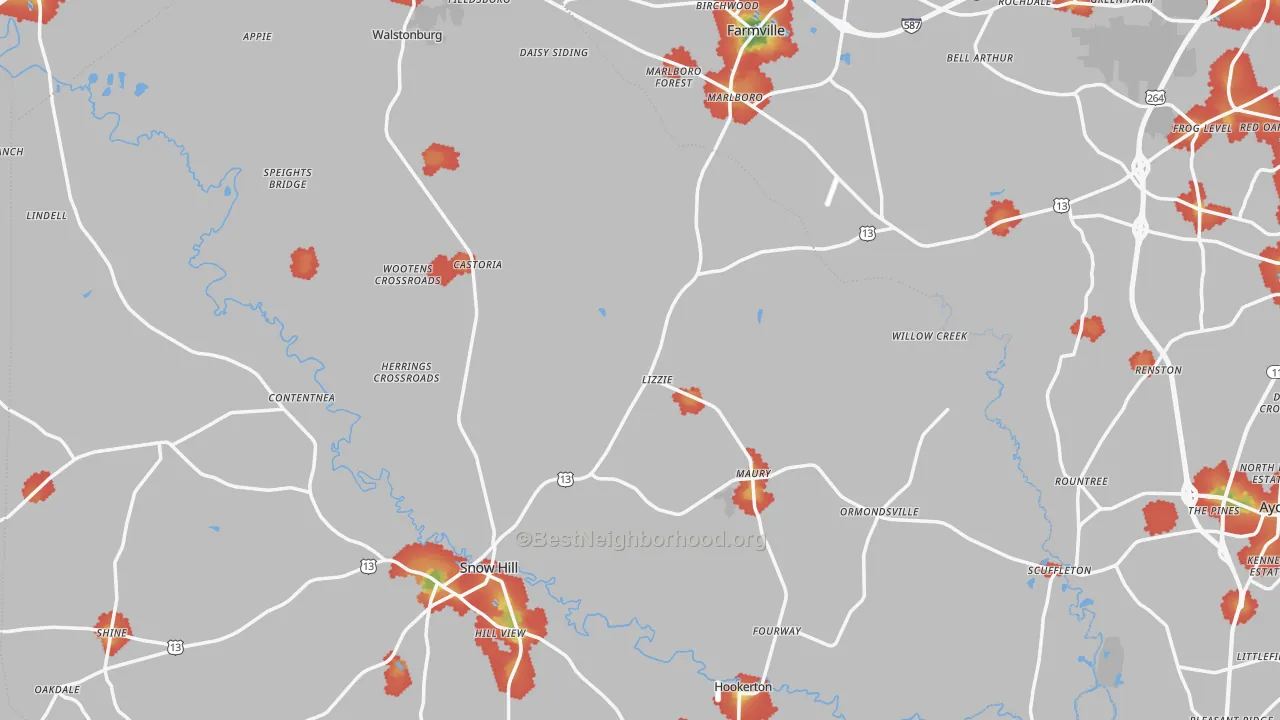 Walk Grade map of Fountain, NC, walkable areas in green and car-dependent areas in red