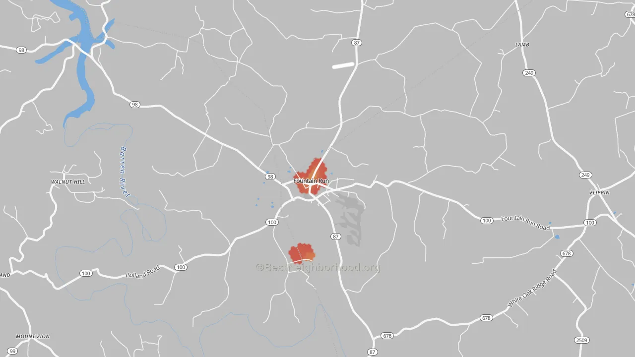 Walk Grade map of Fountain Run, KY, walkable areas in green and car-dependent areas in red