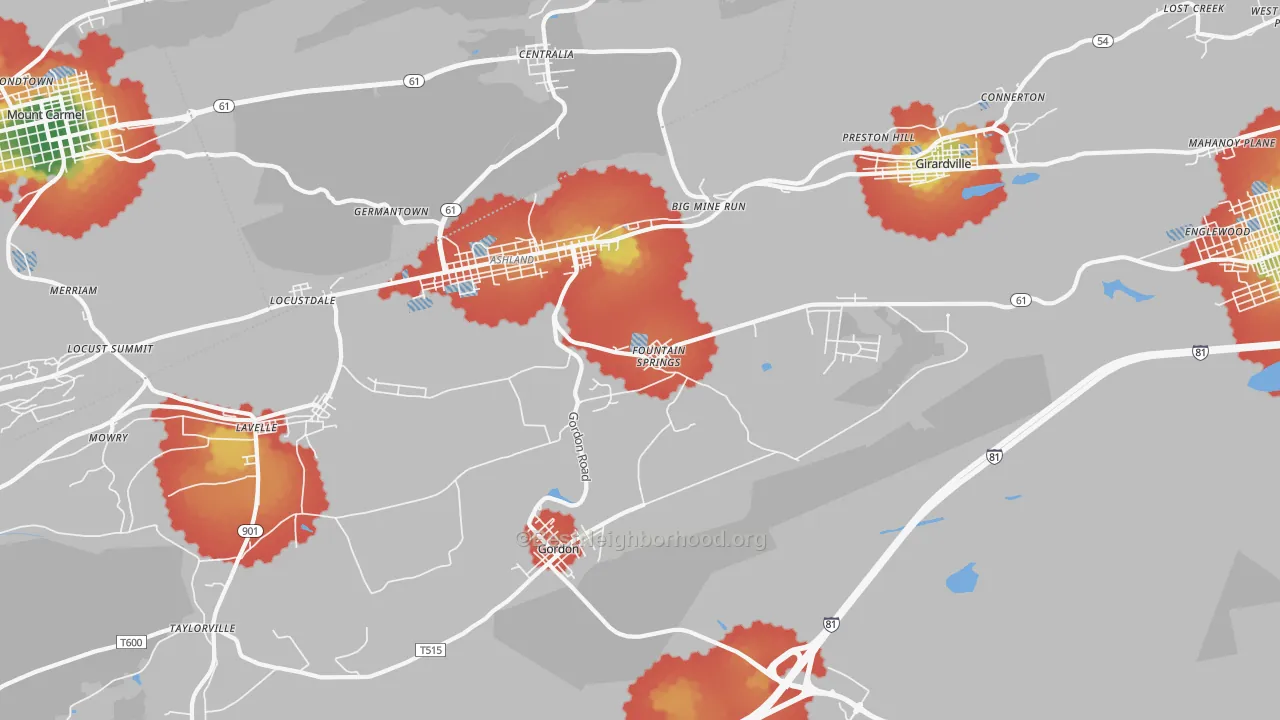 Walk Grade map of Fountain Springs, PA, walkable areas in green and car-dependent areas in red