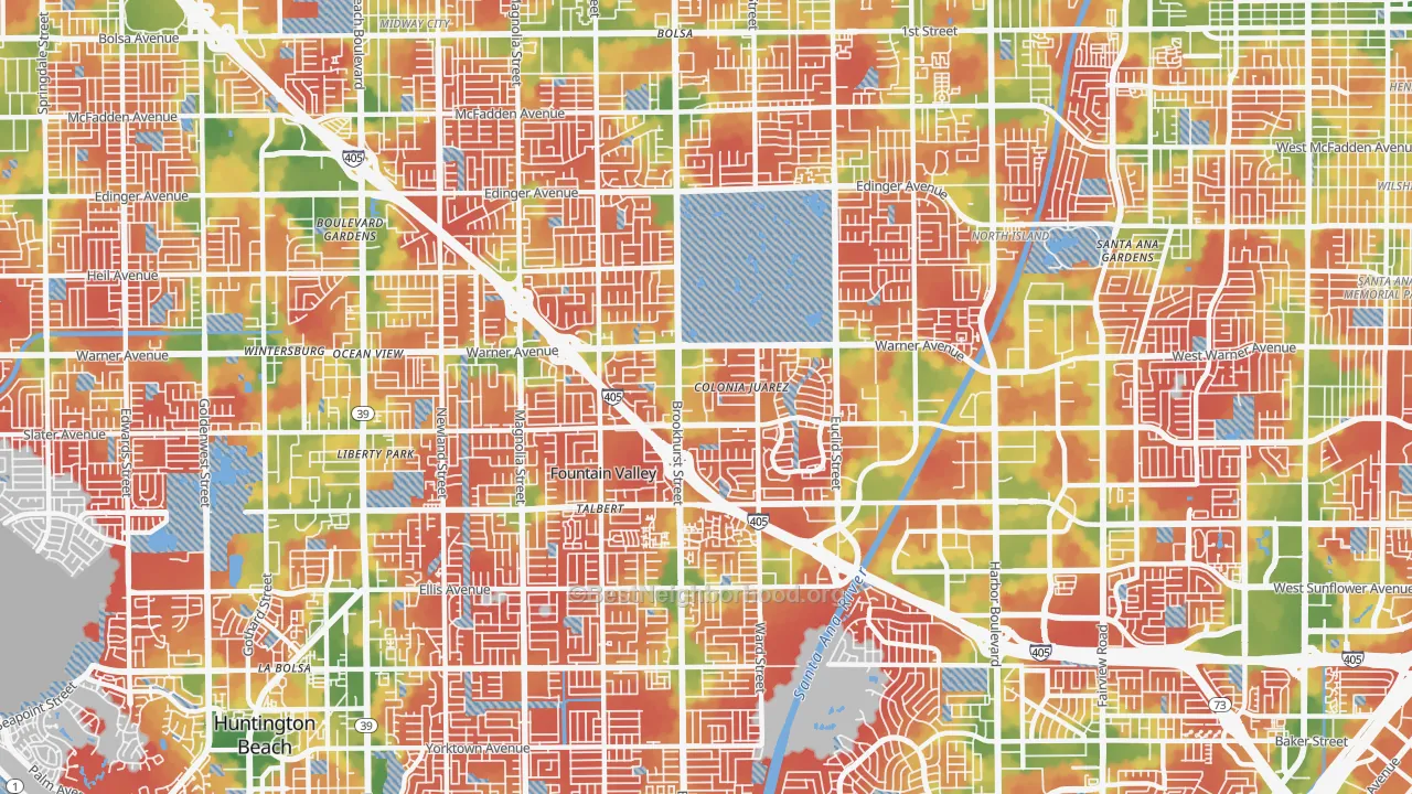 Walk Grade map of Fountain Valley, CA, walkable areas in green and car-dependent areas in red