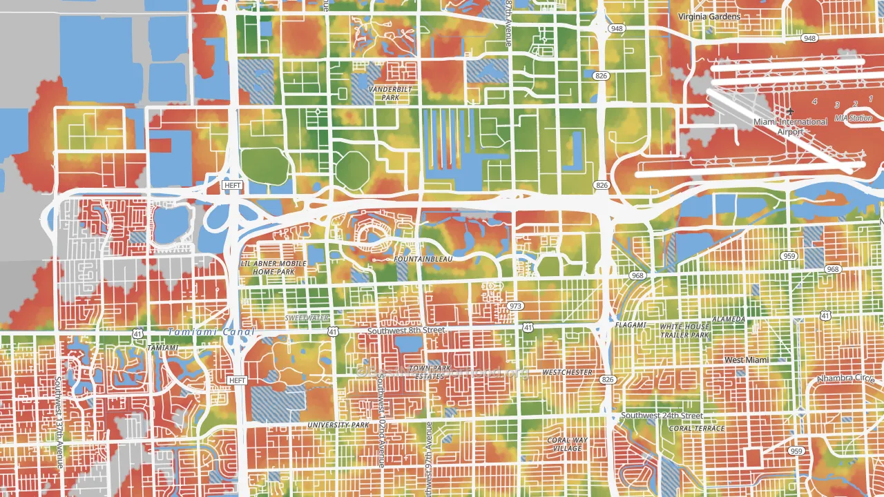 Walk Grade map of Fountainebleau, FL, walkable areas in green and car-dependent areas in red