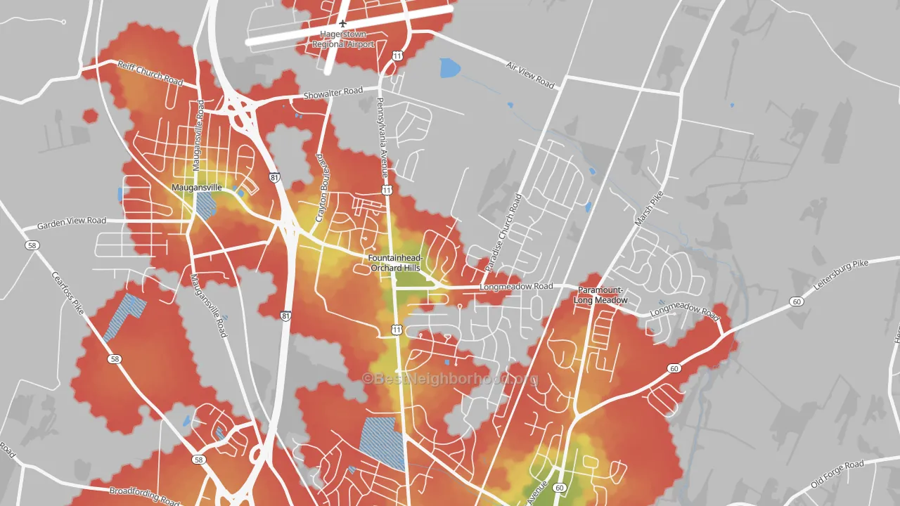 Walk Grade map of Fountainhead-Orchard Hills, MD, walkable areas in green and car-dependent areas in red