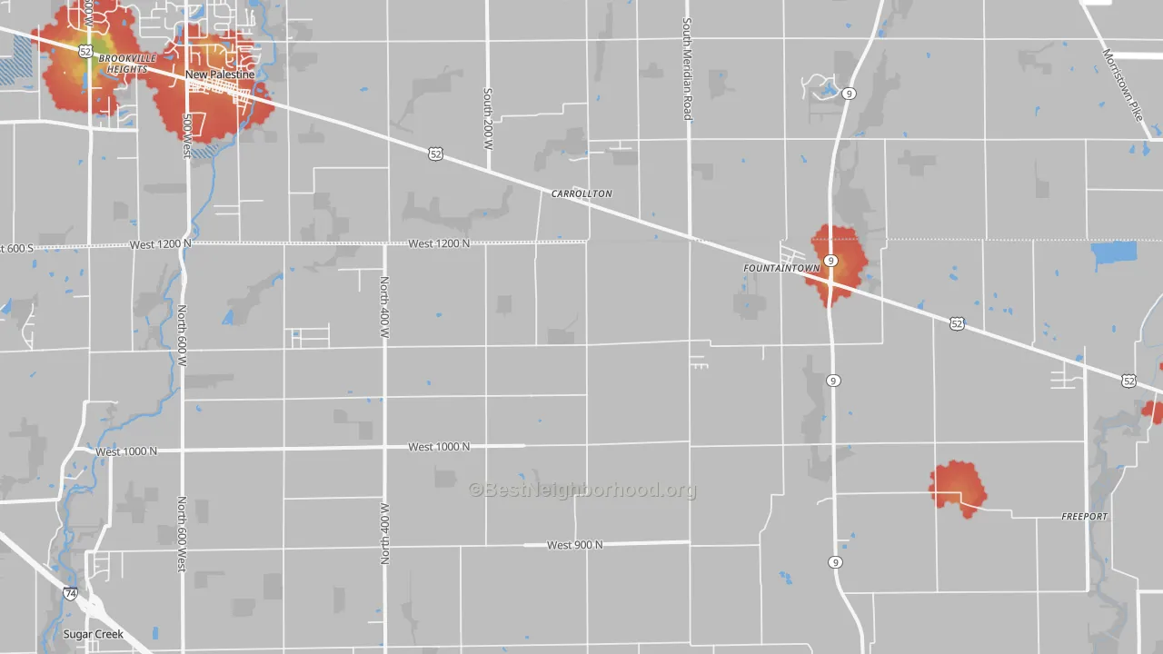 Walk Grade map of Fountaintown, IN, walkable areas in green and car-dependent areas in red