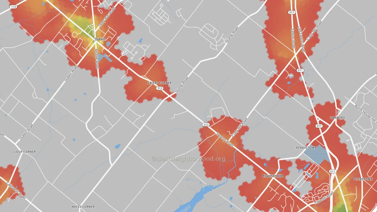 Walk Grade map of Fountainville, PA, walkable areas in green and car-dependent areas in red