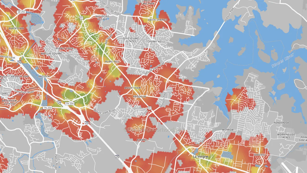 Walk Grade map of Four Corners, Antioch, TN, walkable areas in green and car-dependent areas in red