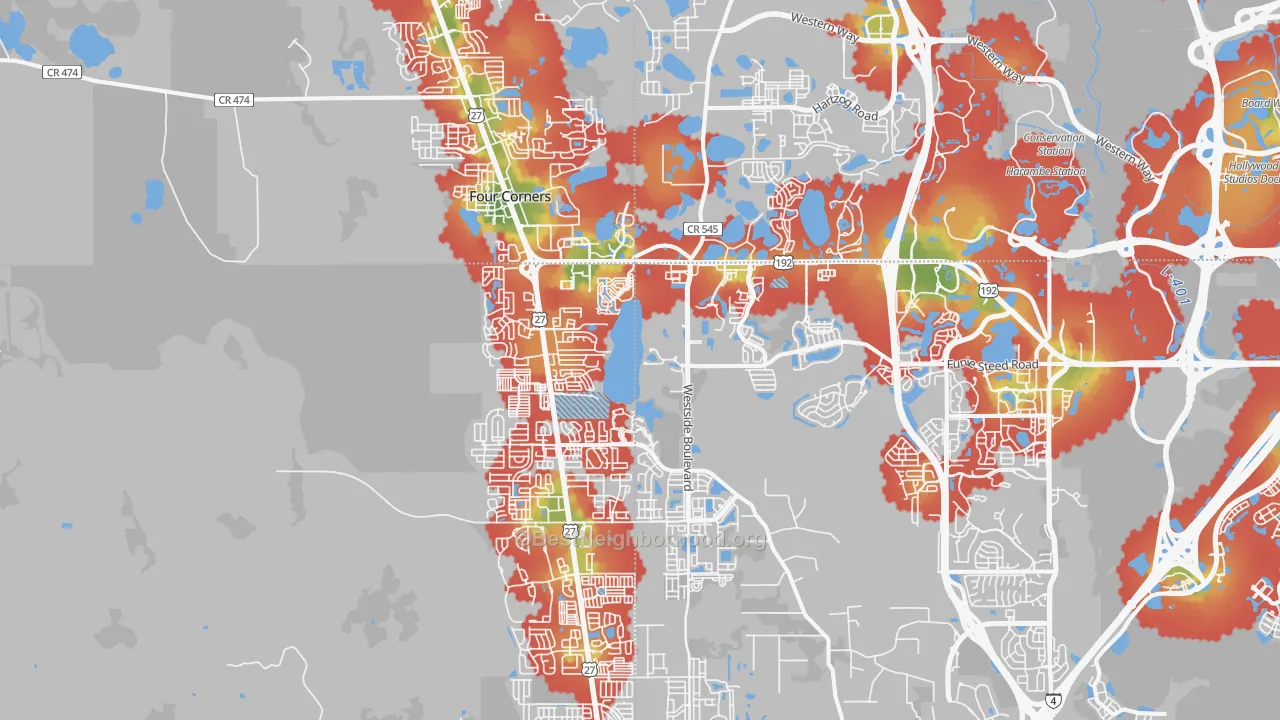 Walk Grade map of Four Corners, FL, walkable areas in green and car-dependent areas in red