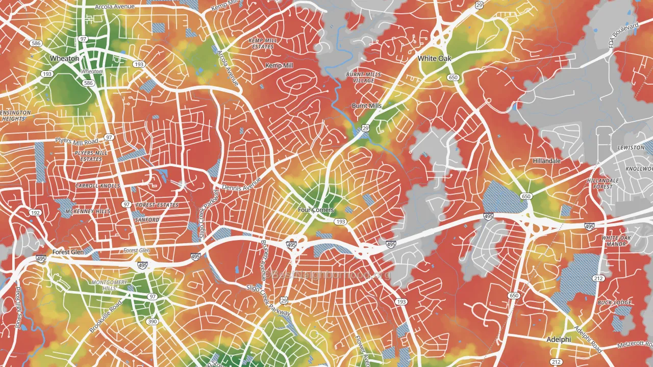 Walk Grade map of Four Corners, MD, walkable areas in green and car-dependent areas in red