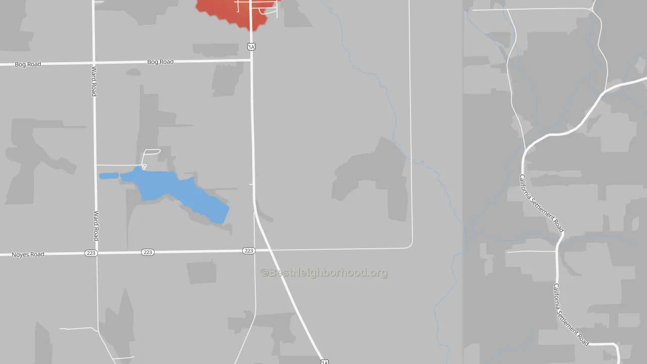 Walk Grade map of Four Corners, ME, walkable areas in green and car-dependent areas in red