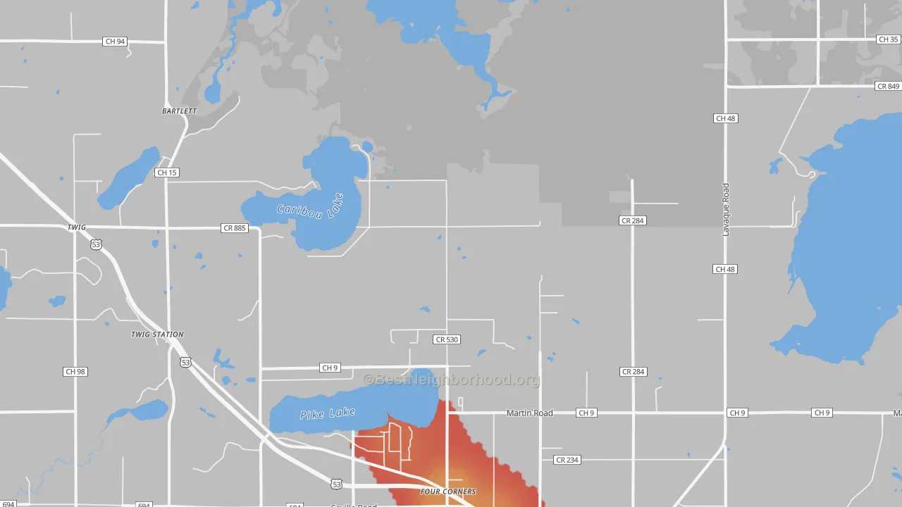 Walk Grade map of Four Corners, MN, walkable areas in green and car-dependent areas in red