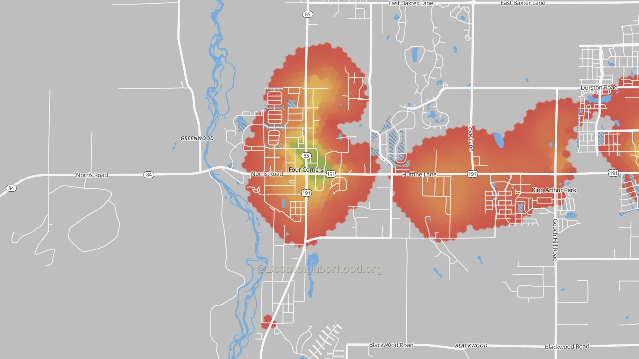 Walk Grade map of Four Corners, MT, walkable areas in green and car-dependent areas in red