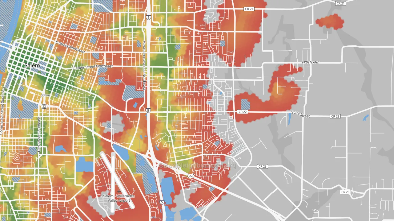 Walk Grade map of Four Corners, OR, walkable areas in green and car-dependent areas in red
