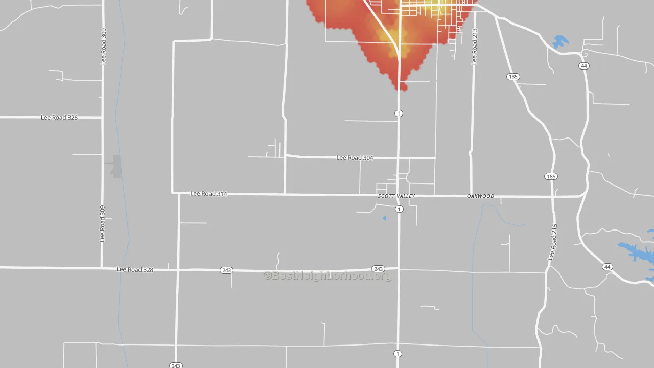 Walk Grade map of Four Forks, AR, walkable areas in green and car-dependent areas in red