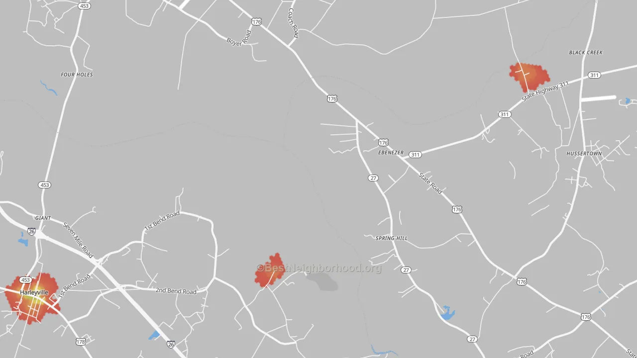 Walk Grade map of Four Holes, SC, walkable areas in green and car-dependent areas in red