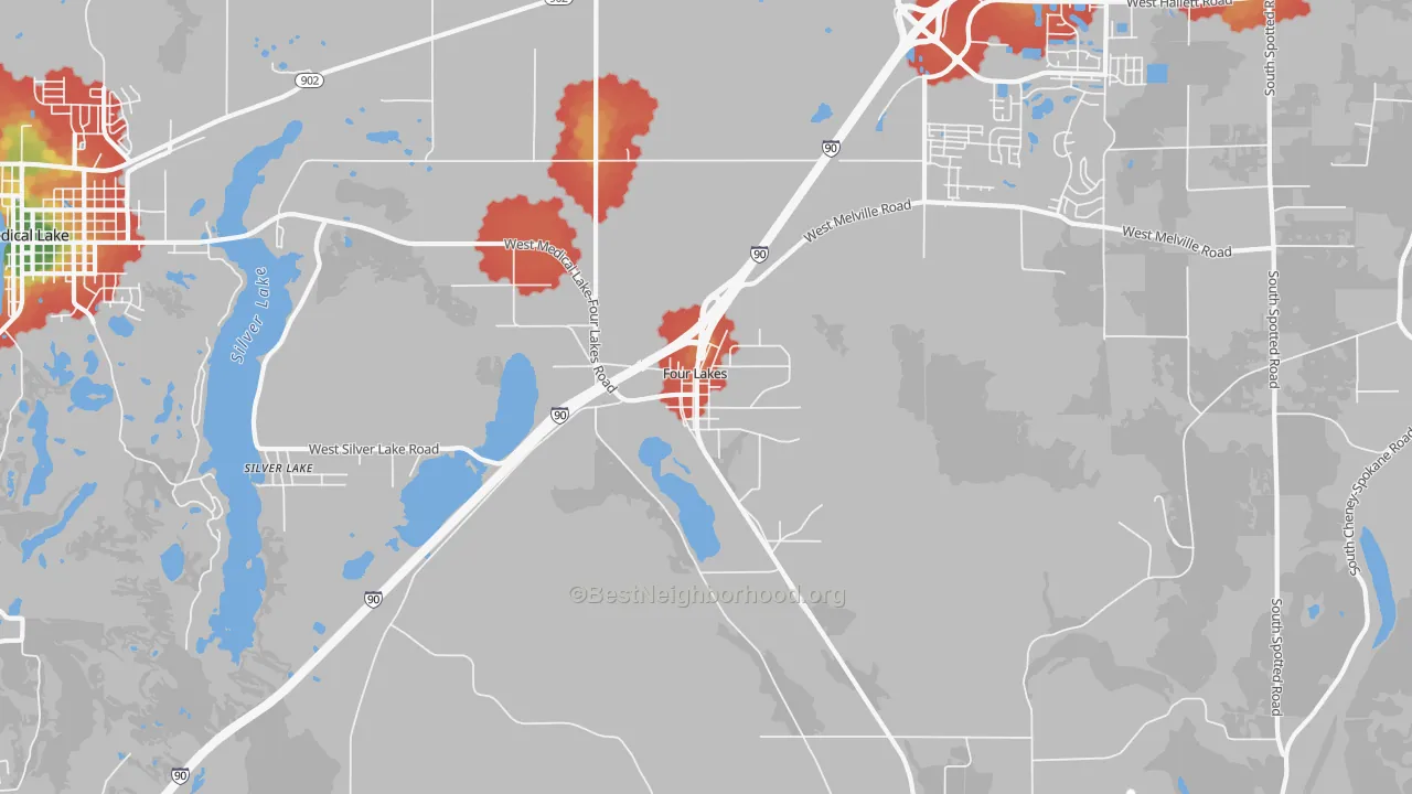 Walk Grade map of Four Lakes, WA, walkable areas in green and car-dependent areas in red