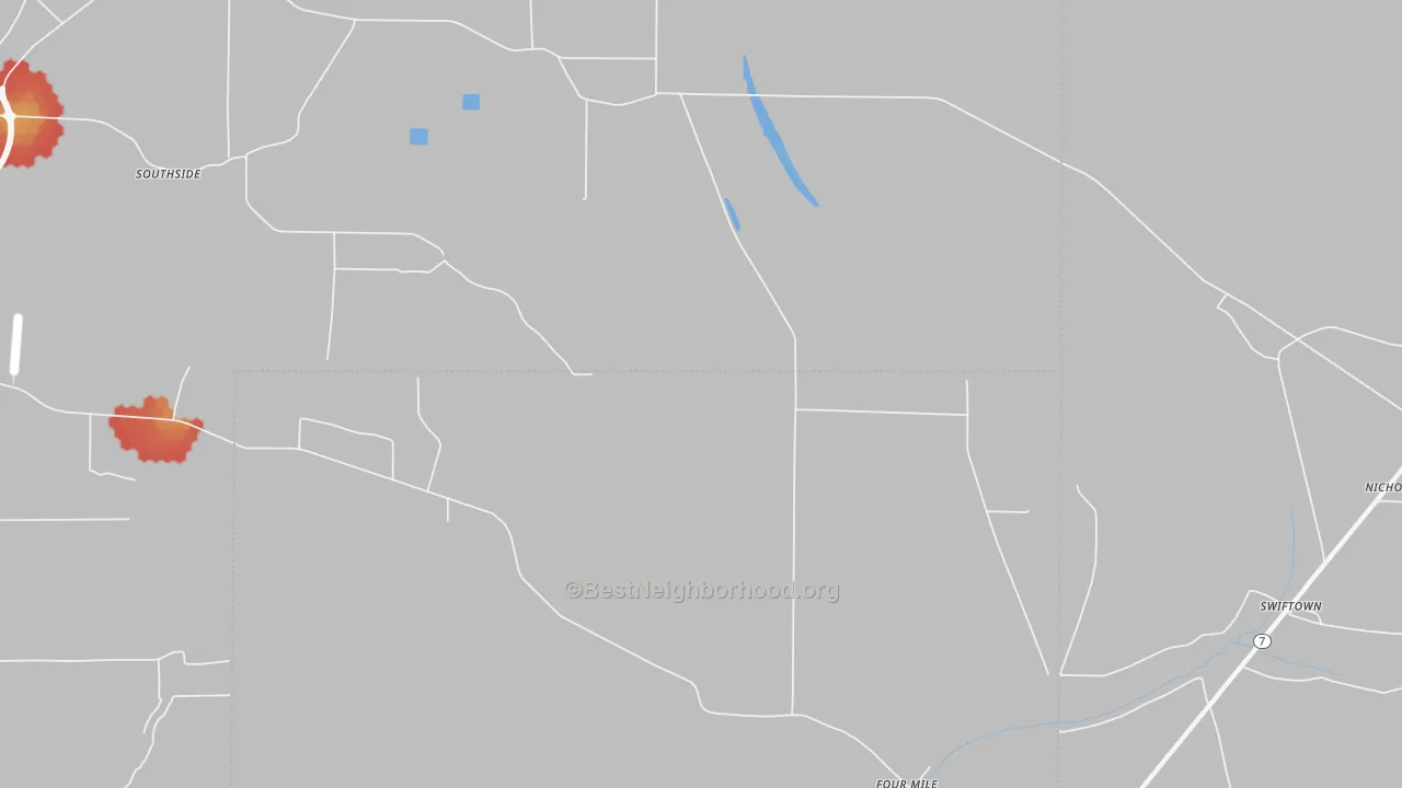 Walk Grade map of Four Mile, MS, walkable areas in green and car-dependent areas in red