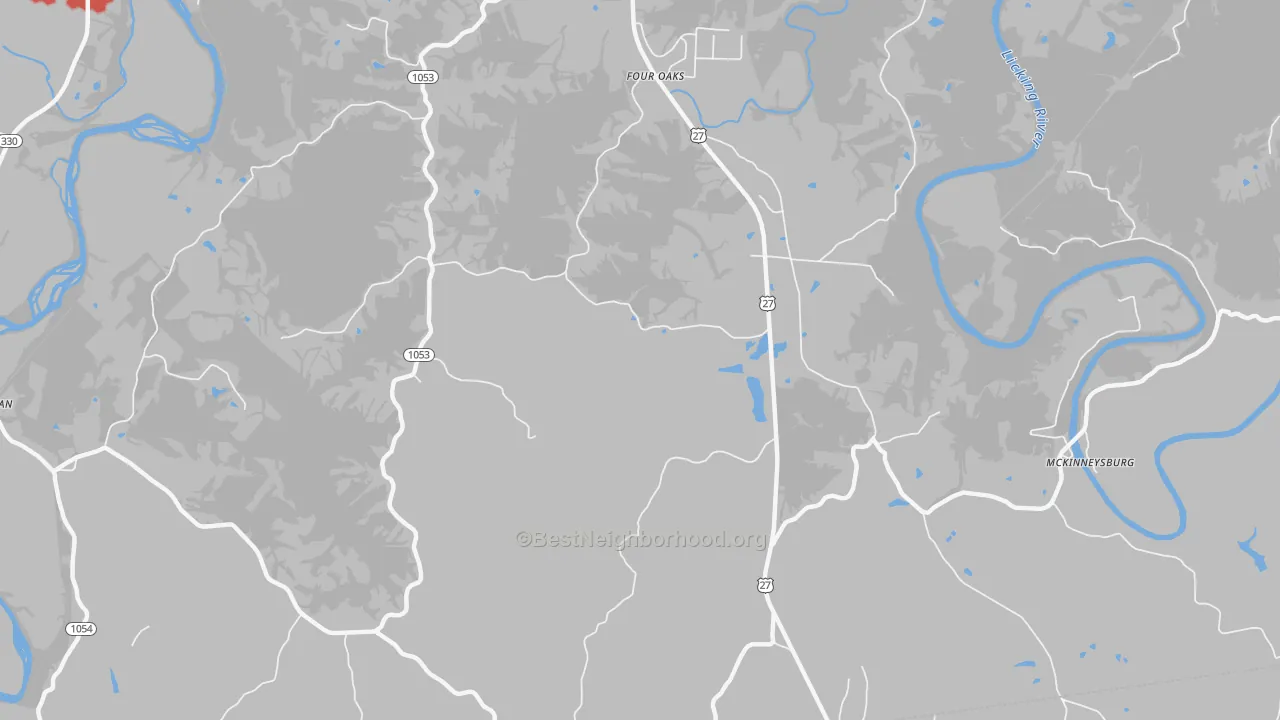 Walk Grade map of Four Oaks, KY, walkable areas in green and car-dependent areas in red