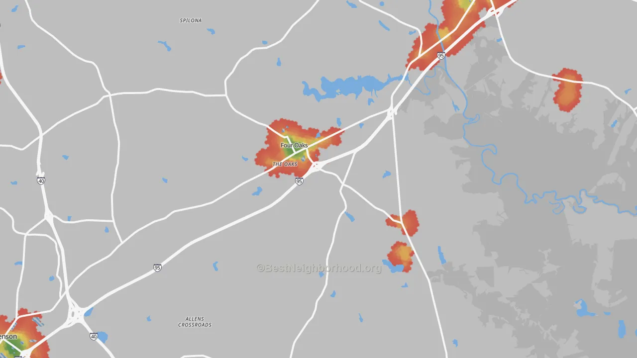 Walk Grade map of Four Oaks, NC, walkable areas in green and car-dependent areas in red