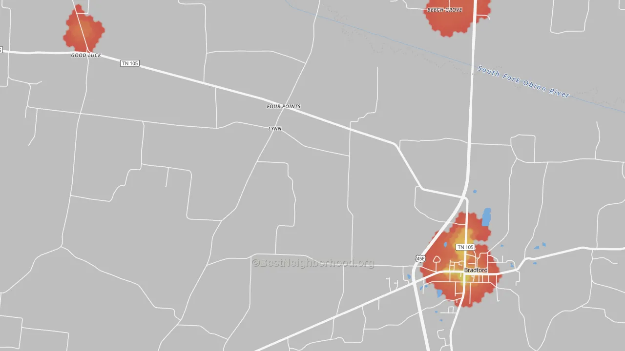 Walk Grade map of Four Point, TN, walkable areas in green and car-dependent areas in red