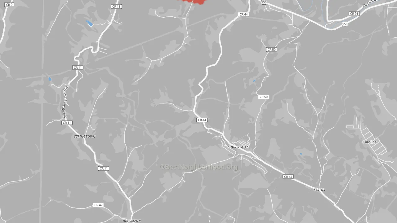 Walk Grade map of Four States, WV, walkable areas in green and car-dependent areas in red
