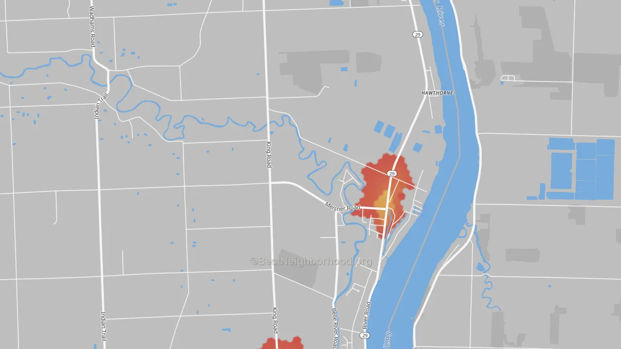 Walk Grade map of Four Towns, MI, walkable areas in green and car-dependent areas in red