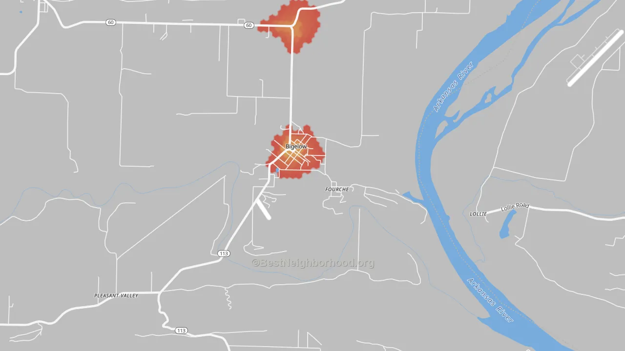 Walk Grade map of Fourche, AR, walkable areas in green and car-dependent areas in red