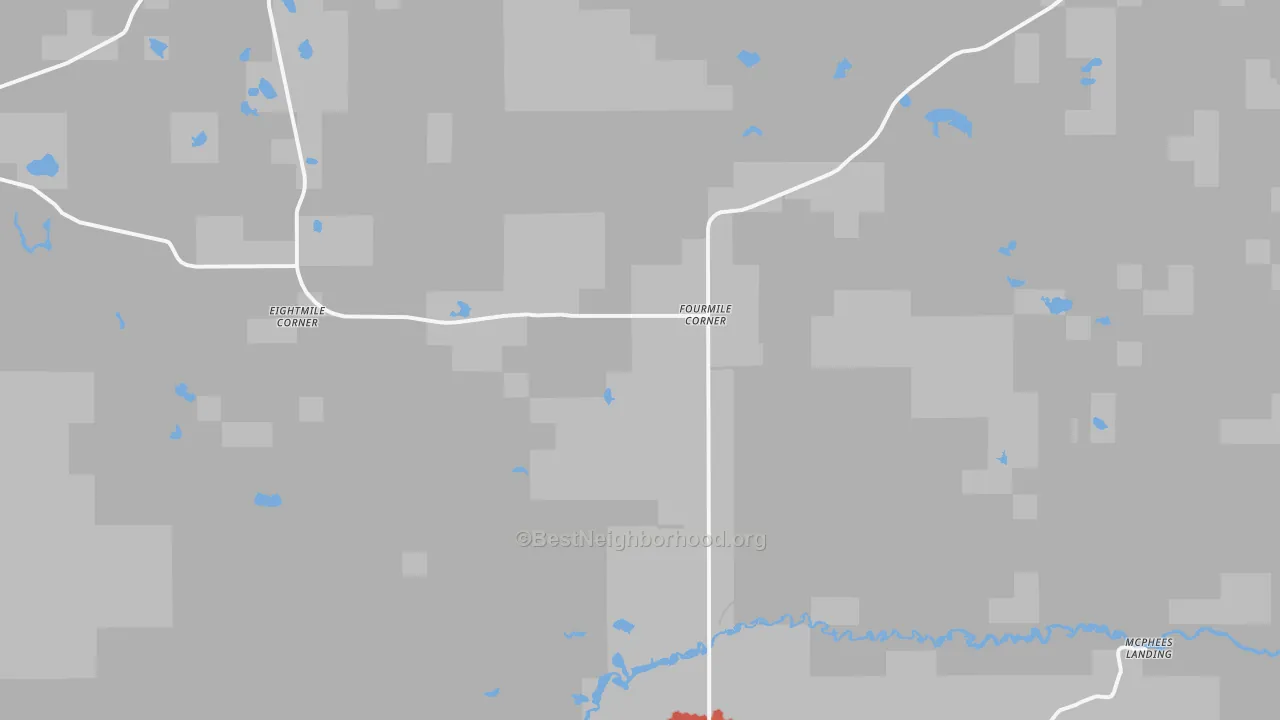 Walk Grade map of Fourmile Corner, MI, walkable areas in green and car-dependent areas in red