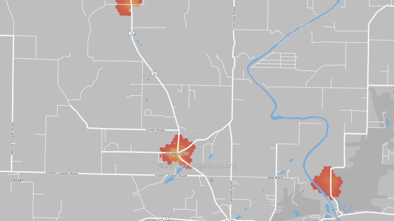 Walk Grade map of Fourmile Hill, AR, walkable areas in green and car-dependent areas in red