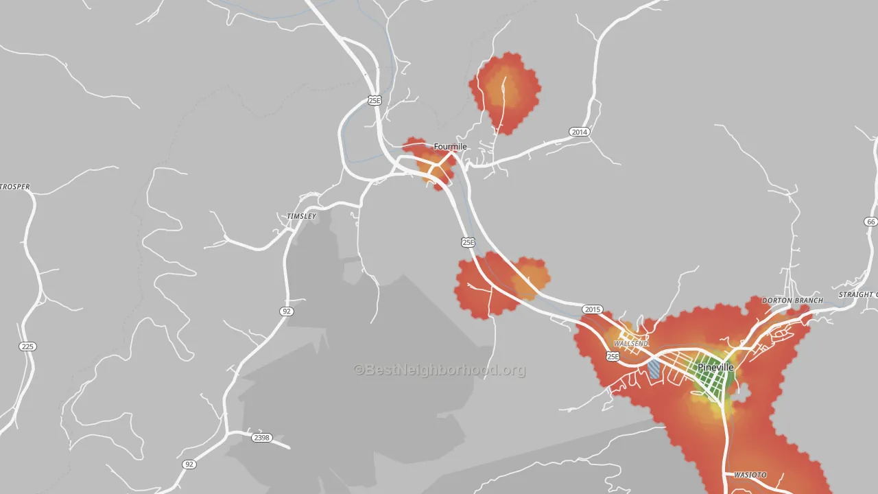Walk Grade map of Fourmile, KY, walkable areas in green and car-dependent areas in red