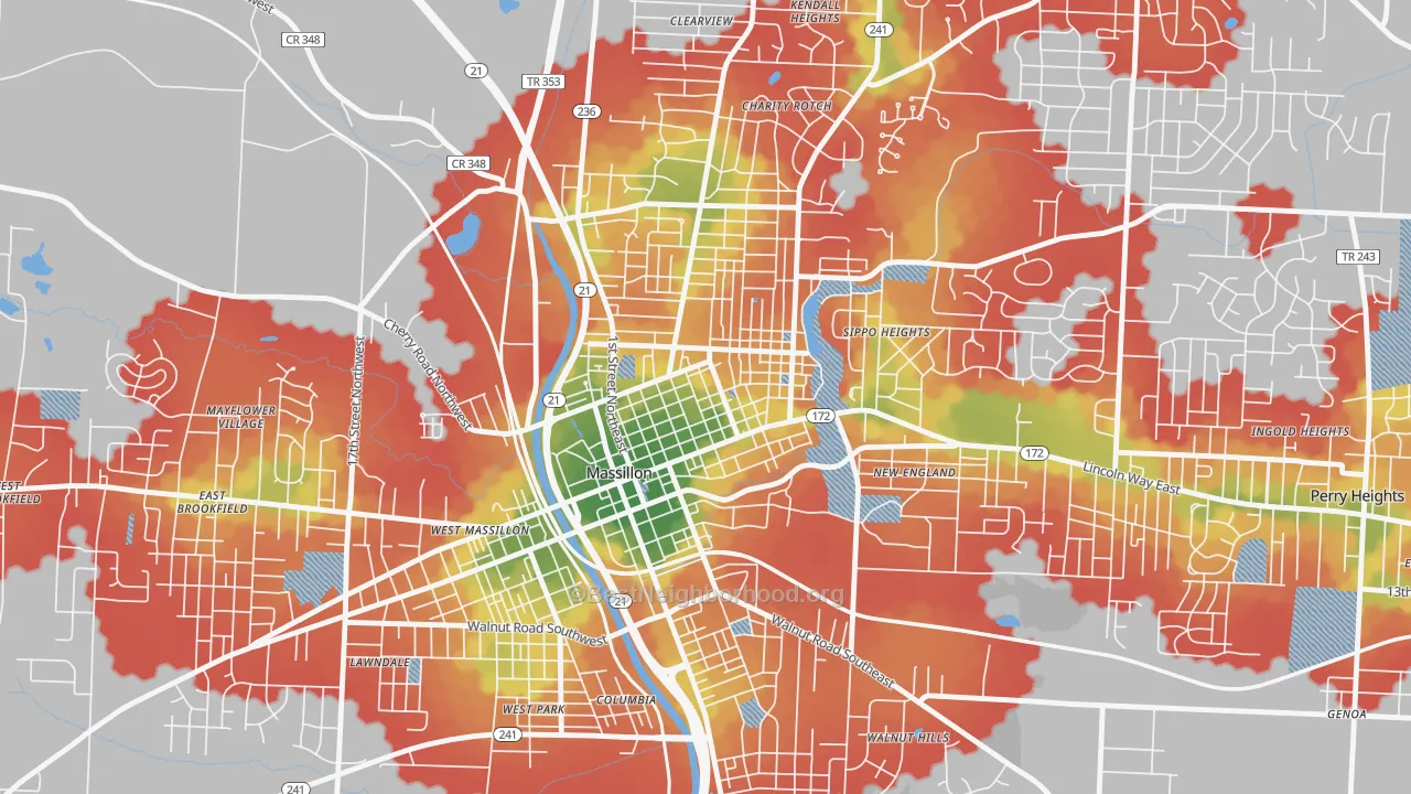 Walk Grade map of Fourth Street Historic District, Massillon, OH, walkable areas in green and car-dependent areas in red