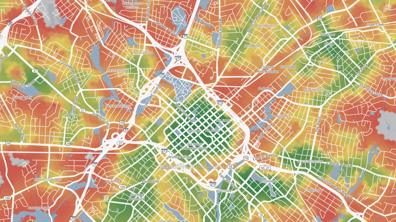 Walk Grade map of Fourth Ward, Charlotte, NC, walkable areas in green and car-dependent areas in red