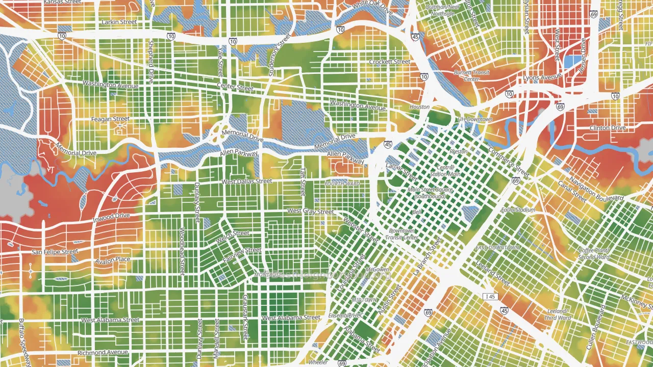 Walk Grade map of Fourth Ward, Houston, TX, walkable areas in green and car-dependent areas in red