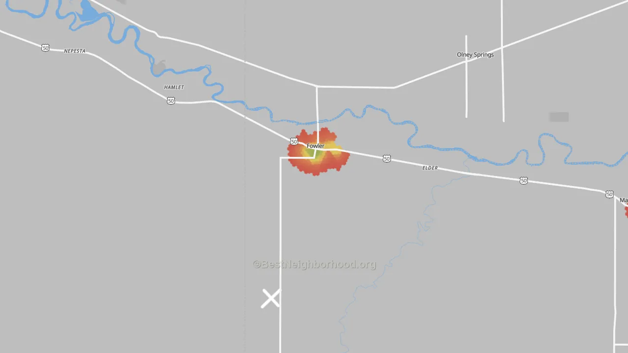 Walk Grade map of Fowler, CO, walkable areas in green and car-dependent areas in red