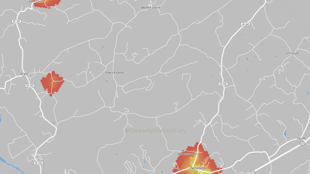 Walk Grade map of Fowler Grove, TN, walkable areas in green and car-dependent areas in red