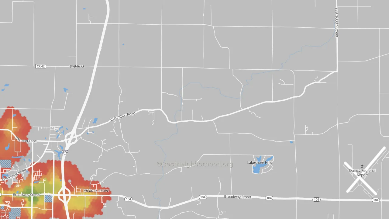 Walk Grade map of Fowler, IL, walkable areas in green and car-dependent areas in red