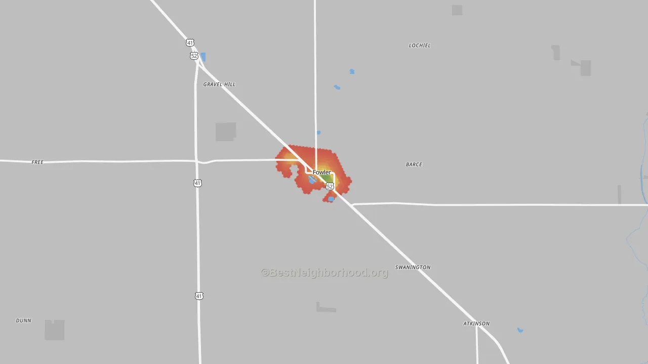 Walk Grade map of Fowler, IN, walkable areas in green and car-dependent areas in red