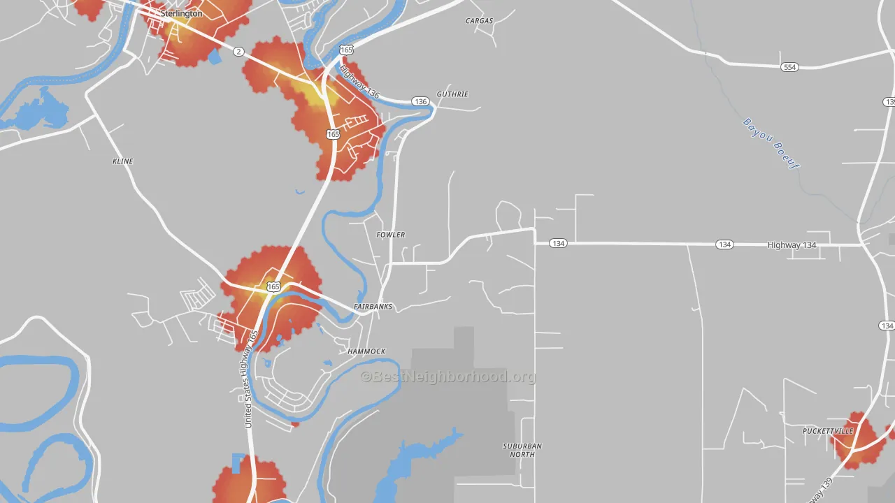 Walk Grade map of Fowler, LA, walkable areas in green and car-dependent areas in red