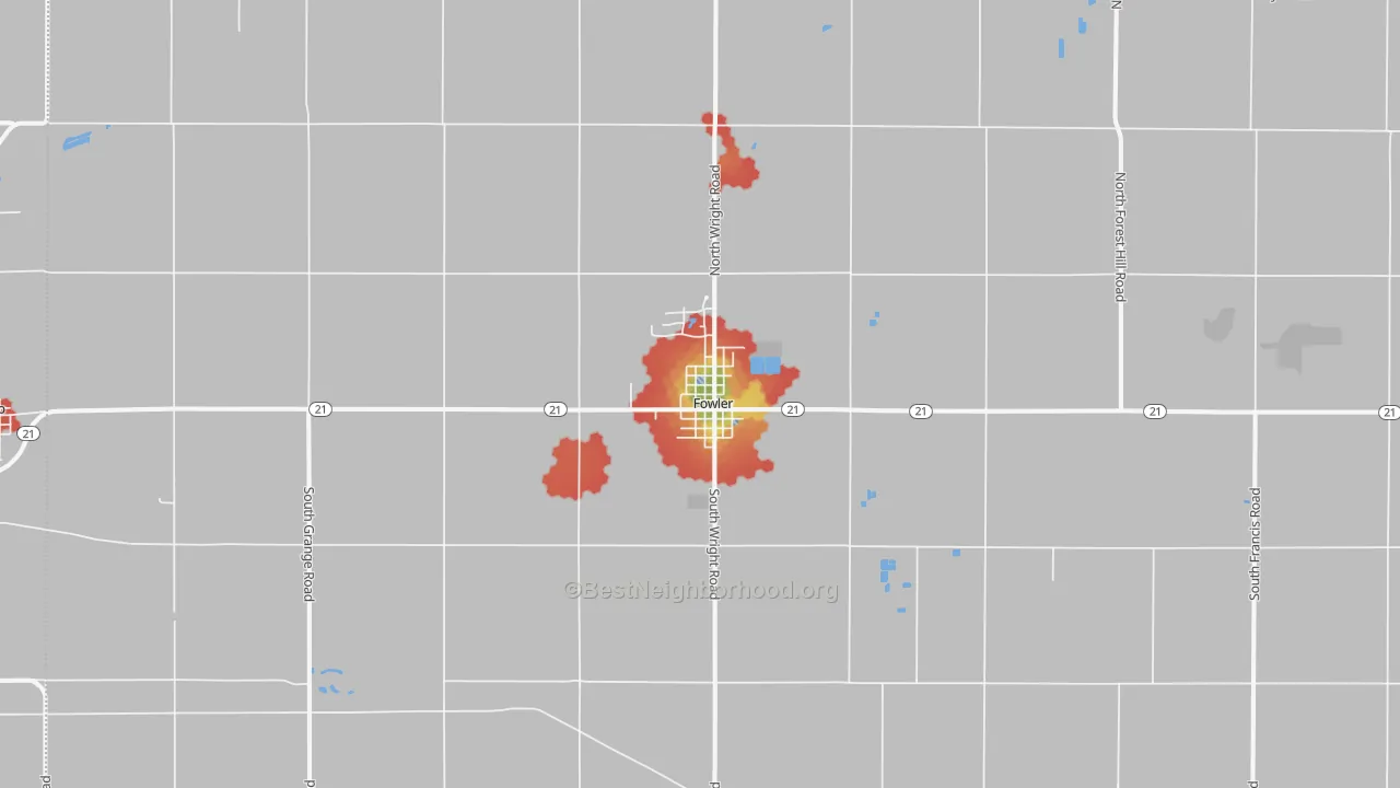 Walk Grade map of Fowler, MI, walkable areas in green and car-dependent areas in red