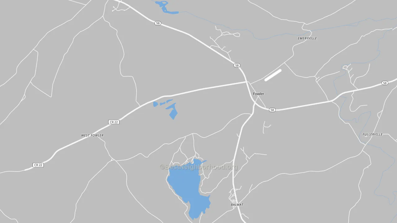 Walk Grade map of Fowler, NY, walkable areas in green and car-dependent areas in red