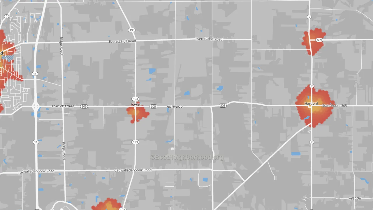 Walk Grade map of Fowler, OH, walkable areas in green and car-dependent areas in red
