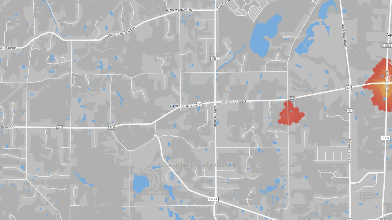 Walk Grade map of Fowlers Mill, OH, walkable areas in green and car-dependent areas in red