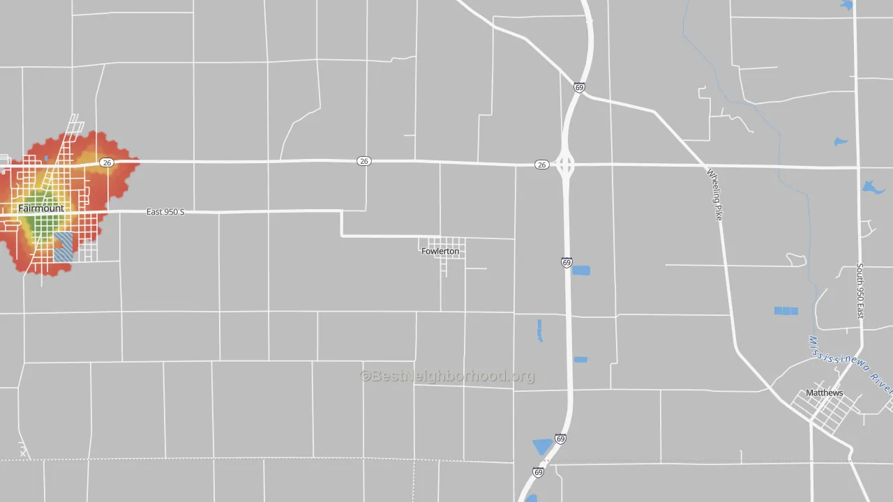 Walk Grade map of Fowlerton, IN, walkable areas in green and car-dependent areas in red