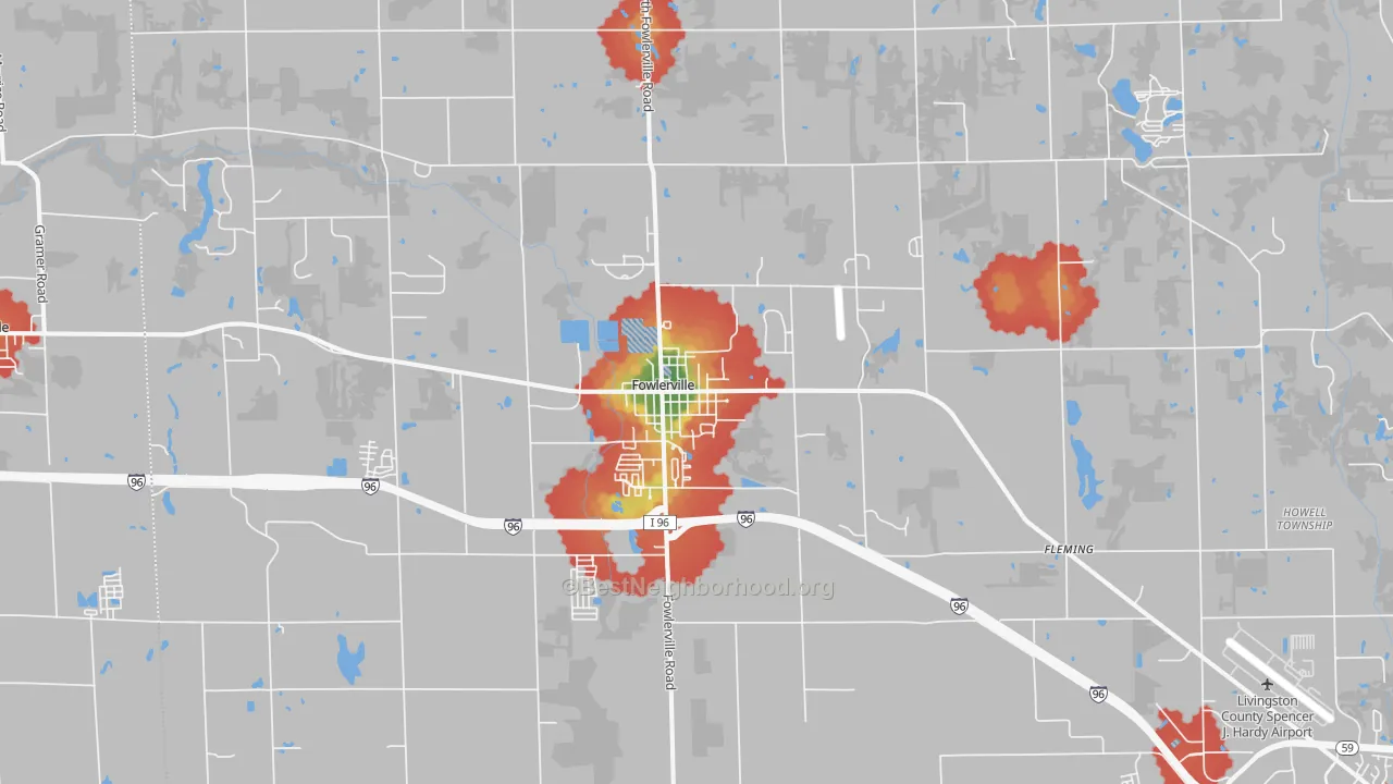 Walk Grade map of Fowlerville, MI, walkable areas in green and car-dependent areas in red