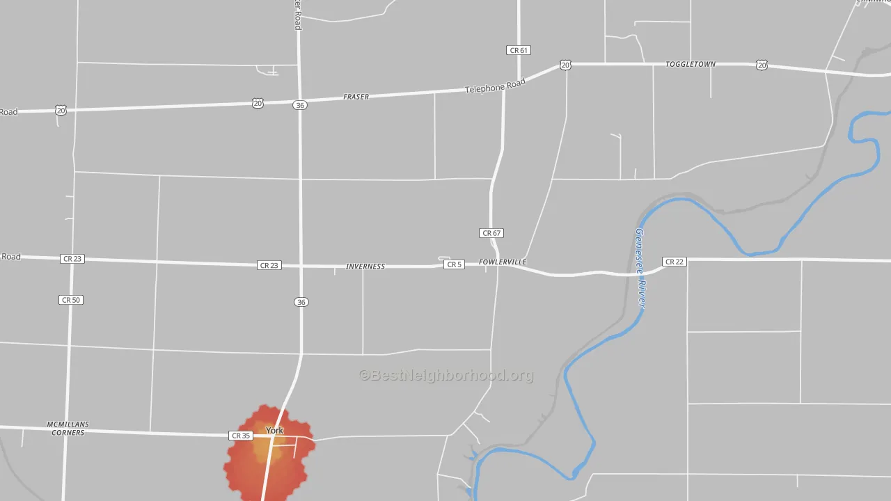 Walk Grade map of Fowlerville, NY, walkable areas in green and car-dependent areas in red